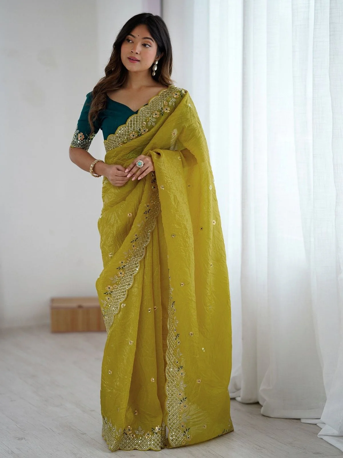 Odette Mustard Silk Blend Embroidered Solid Saree For Women