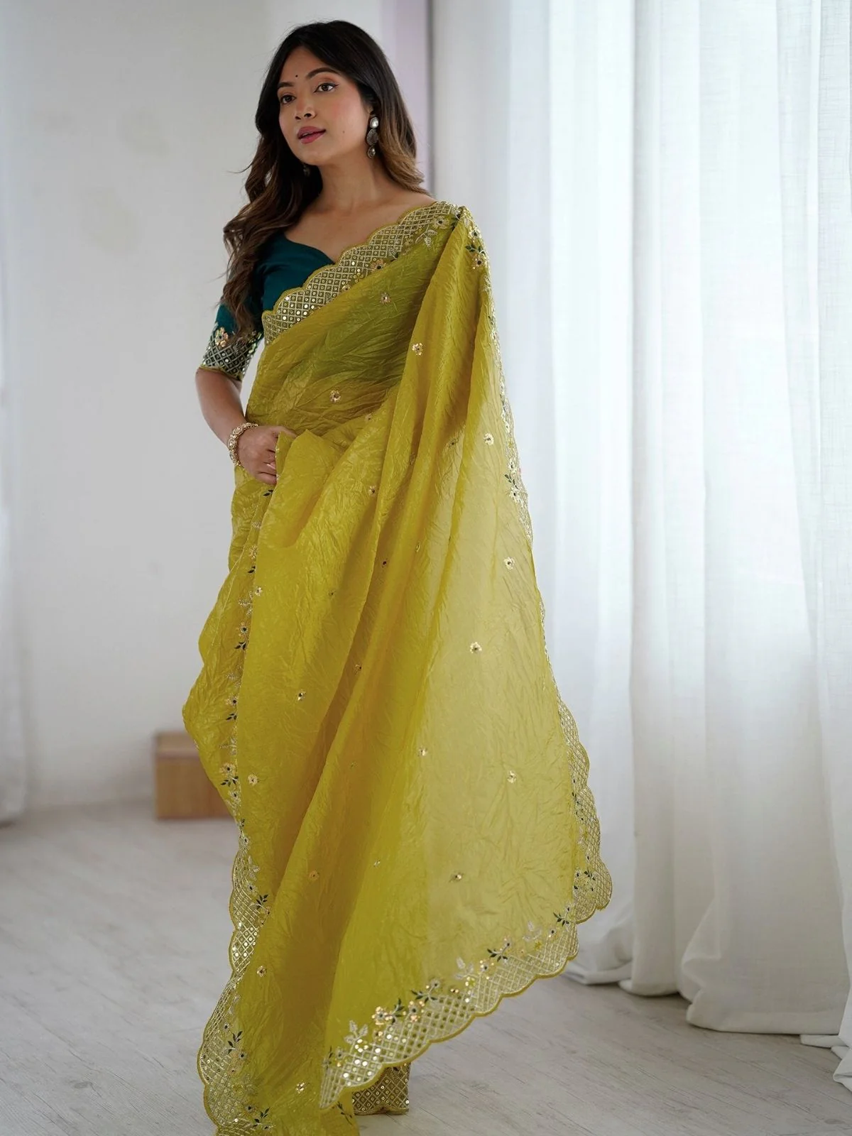 Odette Mustard Silk Blend Embroidered Solid Saree For Women - Image 3