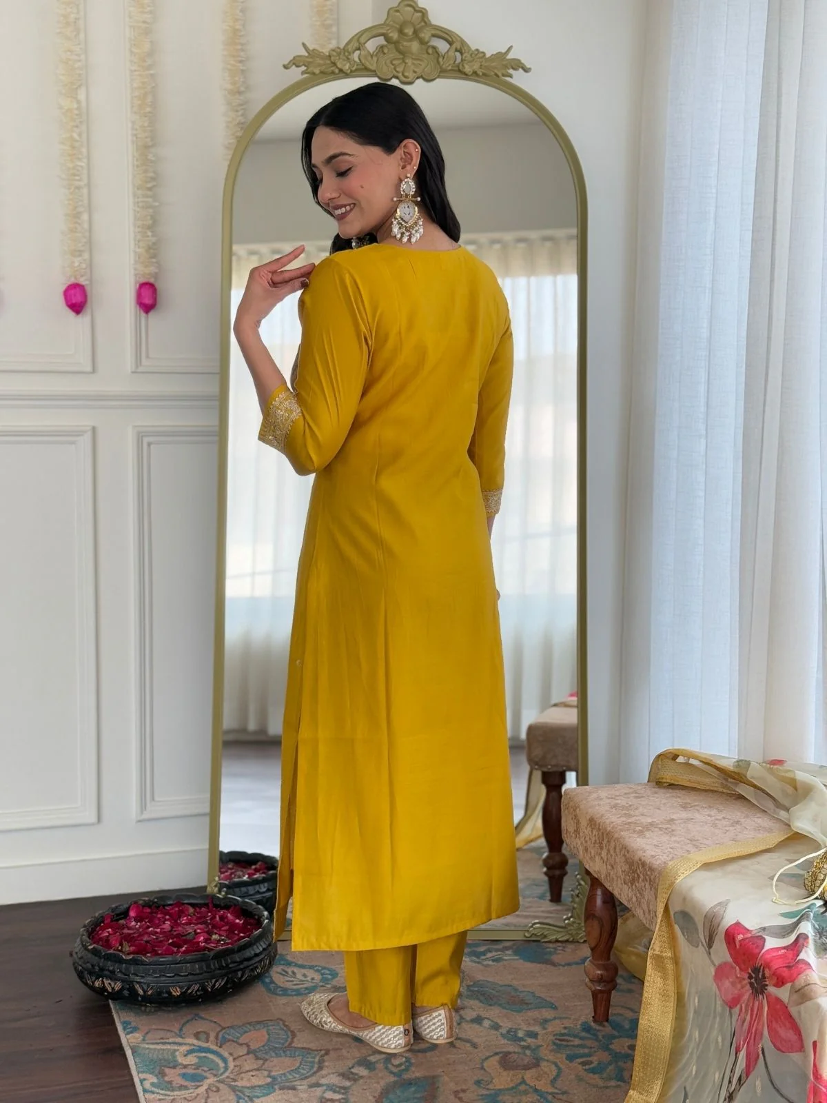 Odette Mustard Silk Blend Embroidered Stitched Kurta Set For Women - Image 2