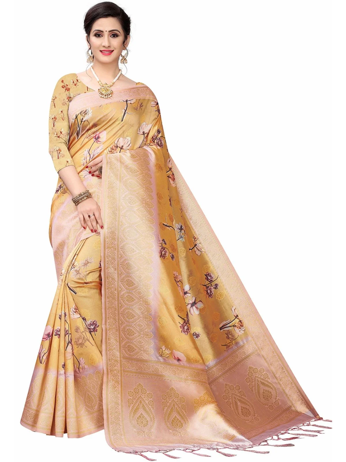 Odette Mustard Silk Blend Floral Printed Saree For Women