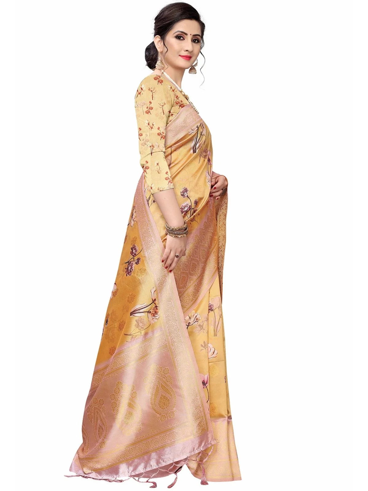 Odette Mustard Silk Blend Floral Printed Saree For Women - Image 2