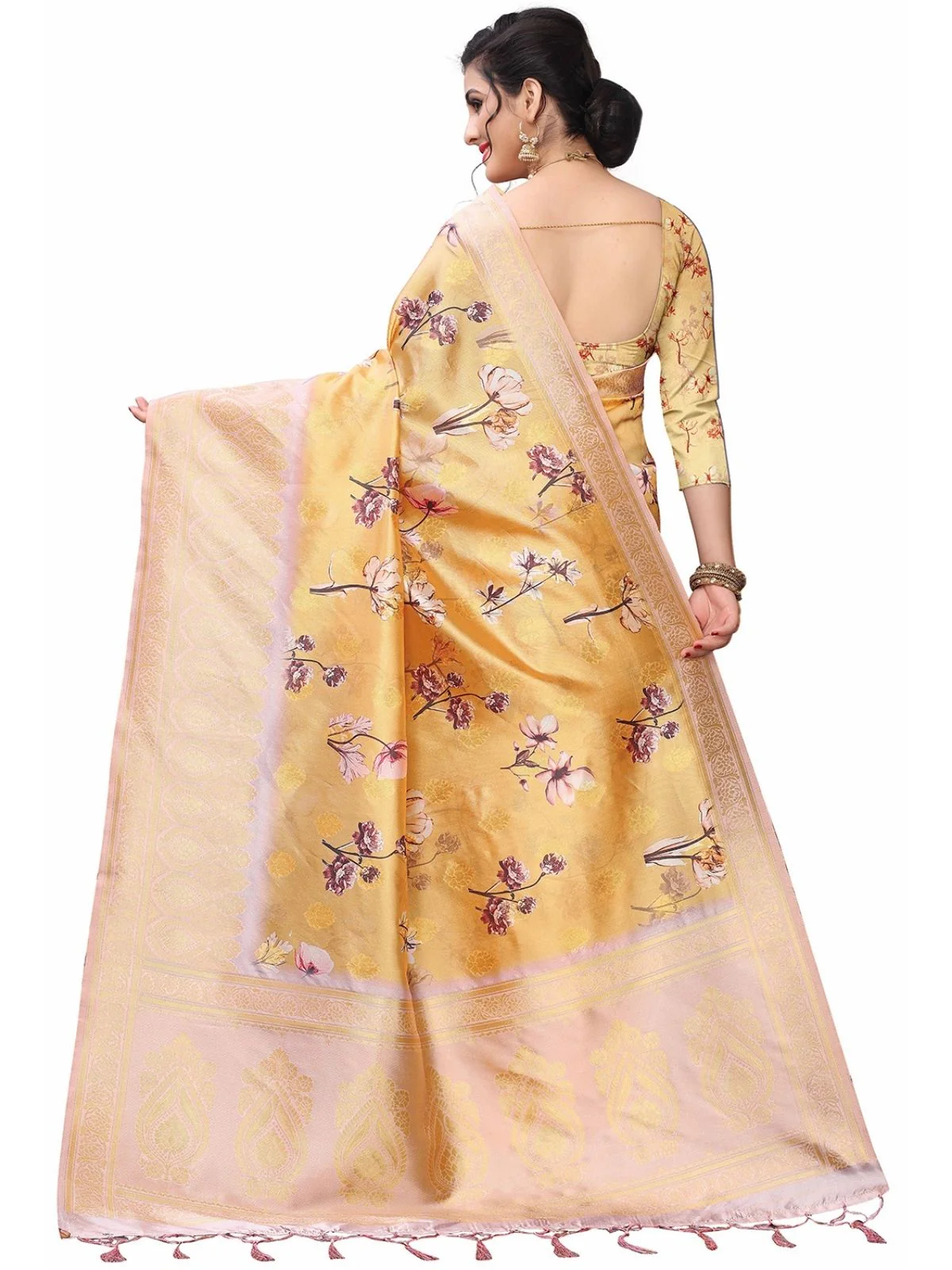 Odette Mustard Silk Blend Floral Printed Saree For Women - Image 3