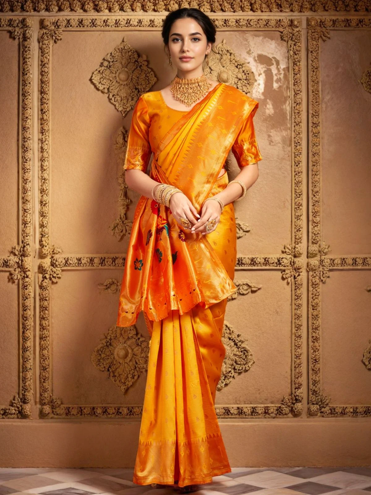 Odette Mustard Silk Blend Woven Pithani Saree For Women - Image 3