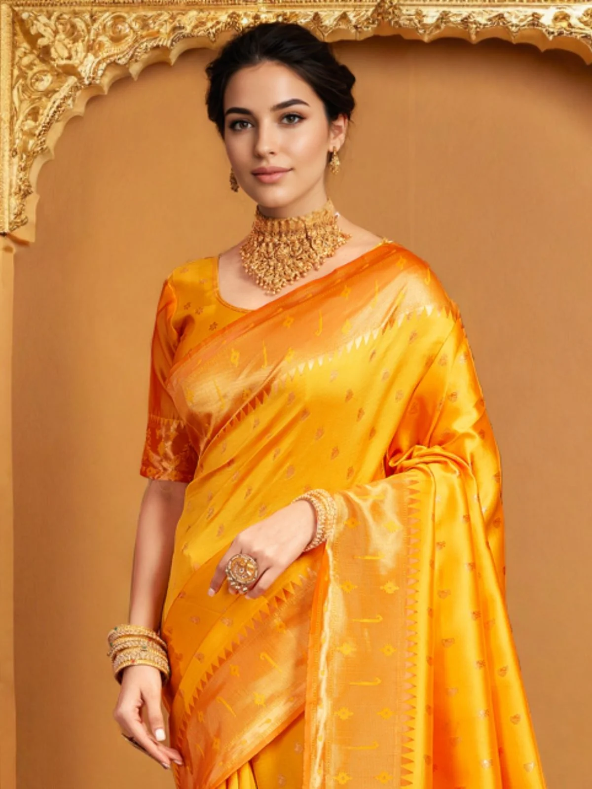 Odette Mustard Silk Blend Woven Pithani Saree For Women - Image 4