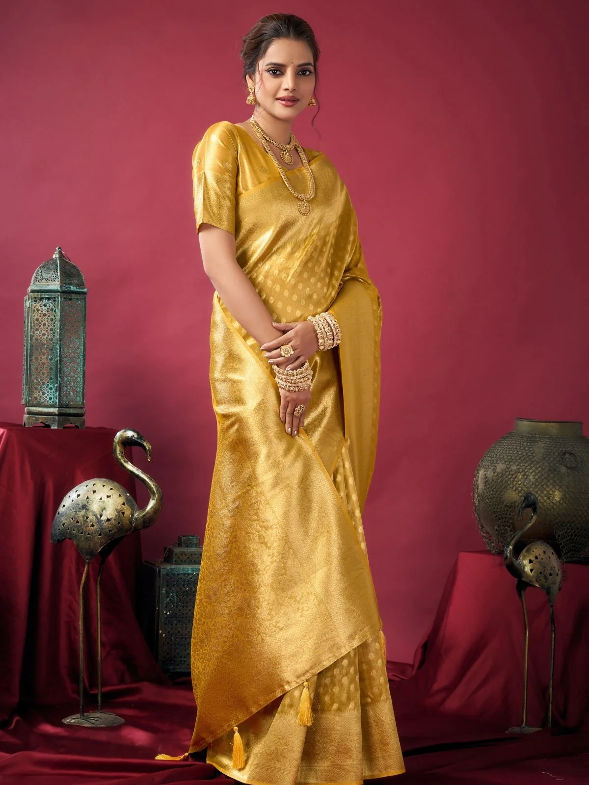 Odette Mustard Silk Blend Woven Saree For Women - Image 3