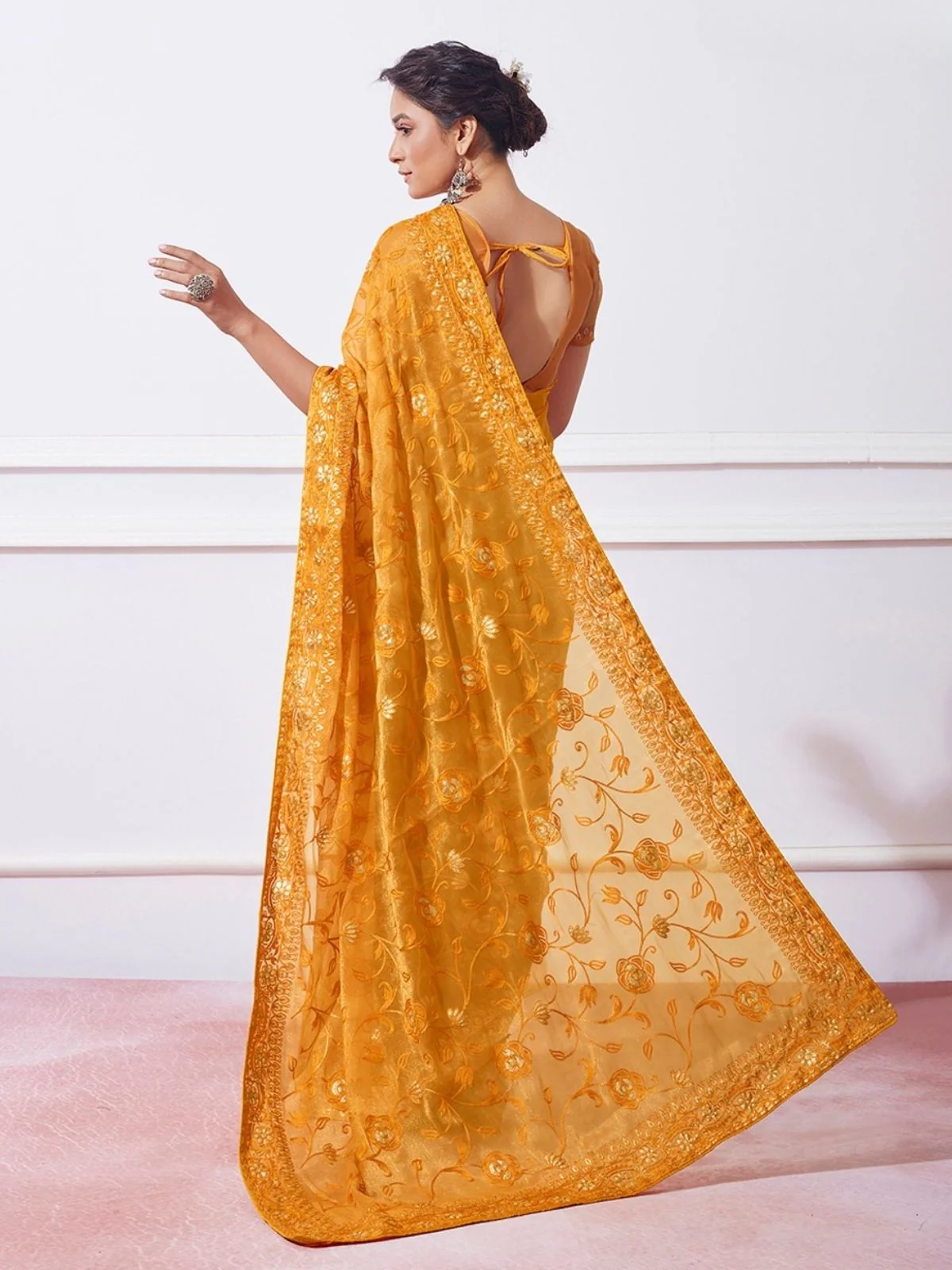 Odette Mustard Simmar Embroidered Saree With Unstitched Blouse For Women - Image 2