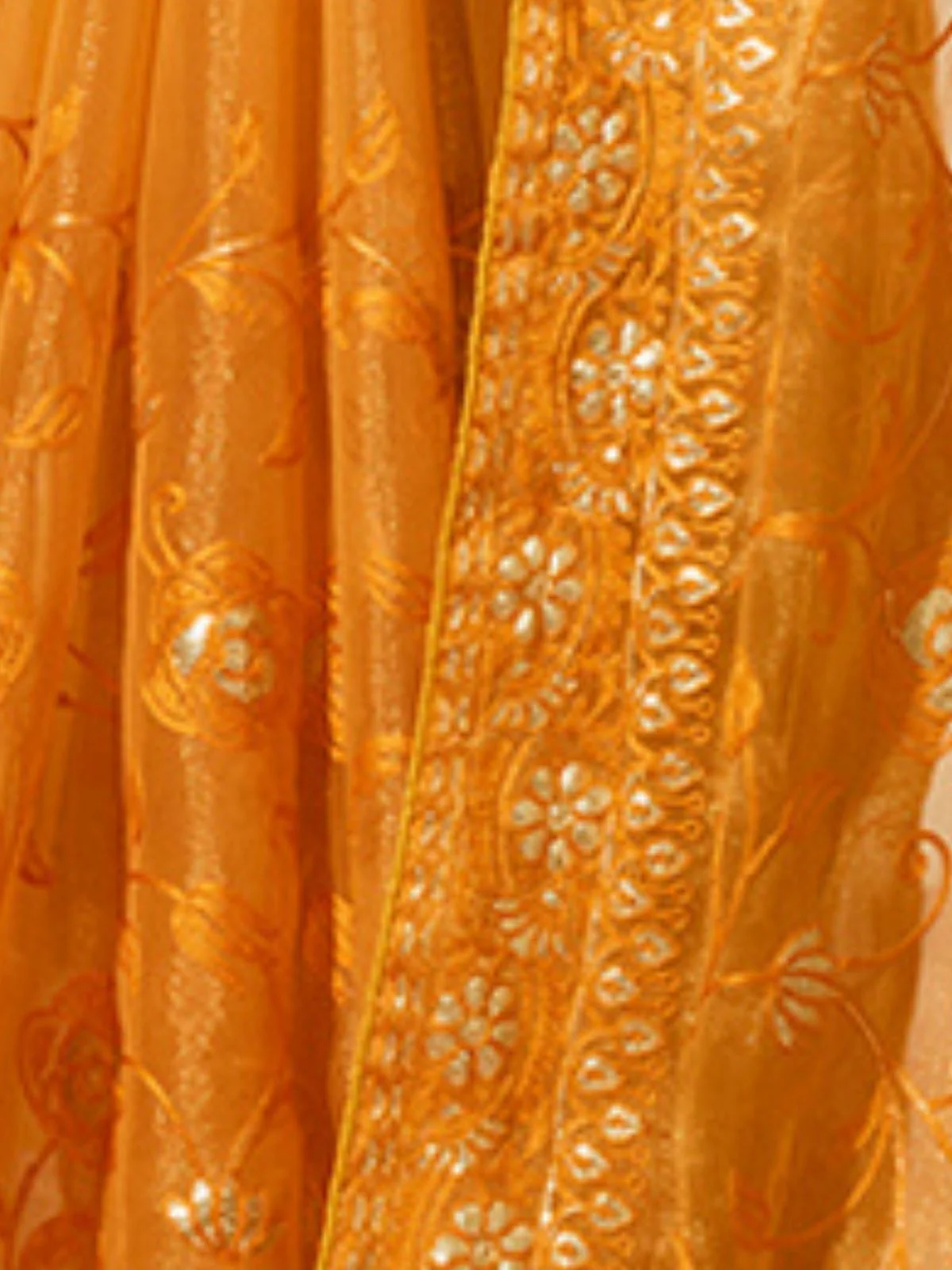 Odette Mustard Simmar Embroidered Saree With Unstitched Blouse For Women - Image 3