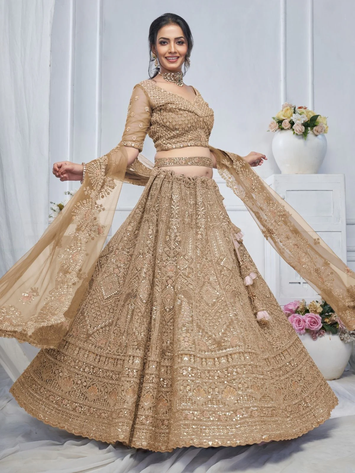 Odette Mustard Soft Net Embroidered Semi-Stitched Lehenga With Unstitched Blouse For Women - Image 3