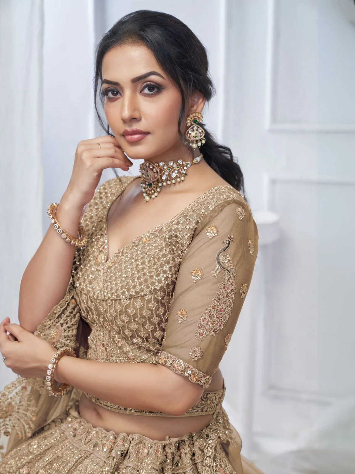 Odette Mustard Soft Net Embroidered Semi-Stitched Lehenga With Unstitched Blouse For Women - Image 5