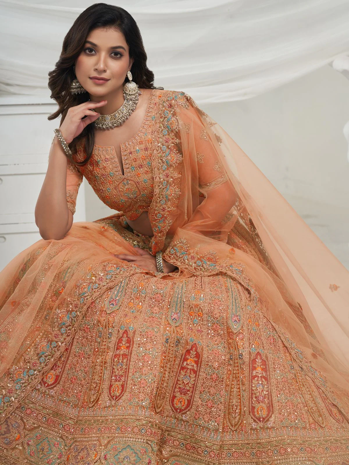 Odette Mustard Soft Net Embroidered Semi Stitched Lehenga With Unstitched Blouse For Women - Image 2