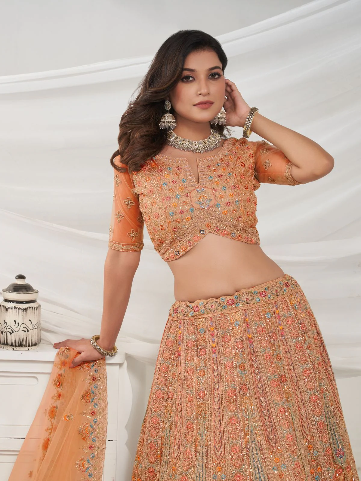 Odette Mustard Soft Net Embroidered Semi Stitched Lehenga With Unstitched Blouse For Women - Image 3