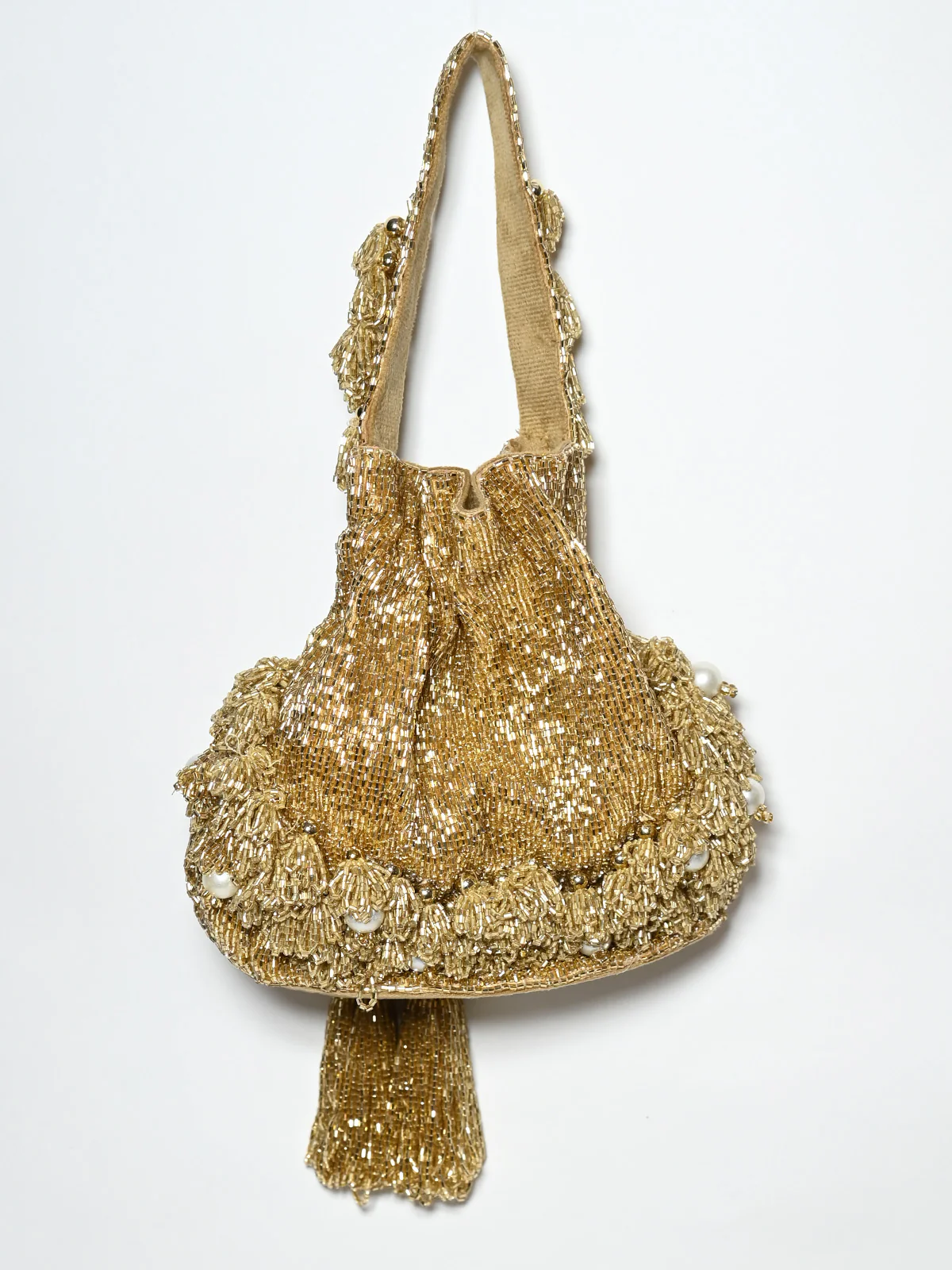 Odette Mustard Suede Cutdana And Pearl Embellished Potli For Women - Image 4