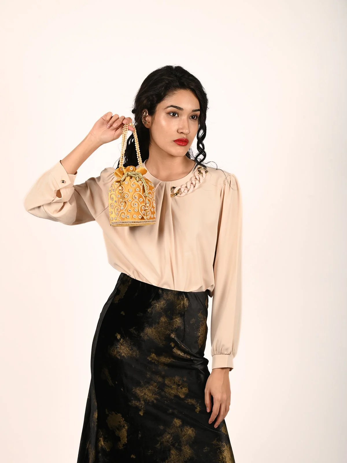 Odette Mustard Suede Embellished Potli For Women