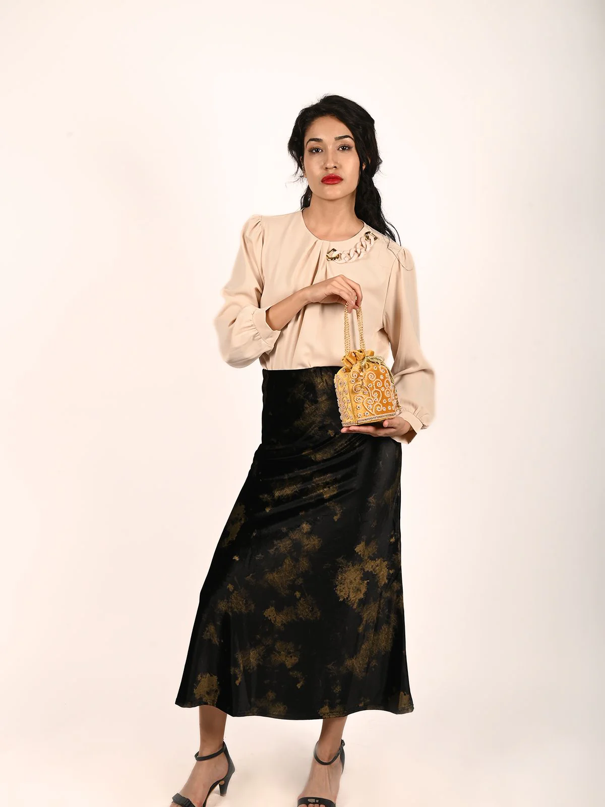 Odette Mustard Suede Embellished Potli For Women - Image 2