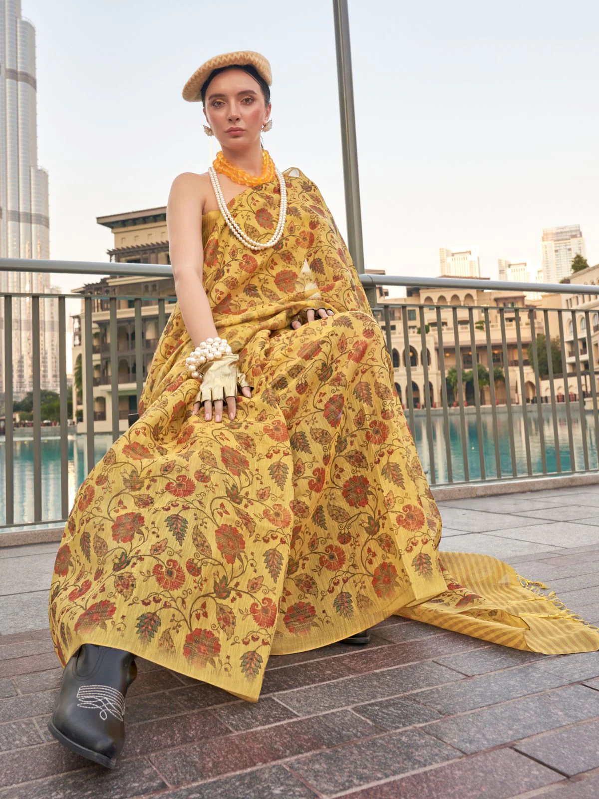 Odette Mustard Tissue Printed Saree With Unstitched Blouse For Women - Image 2