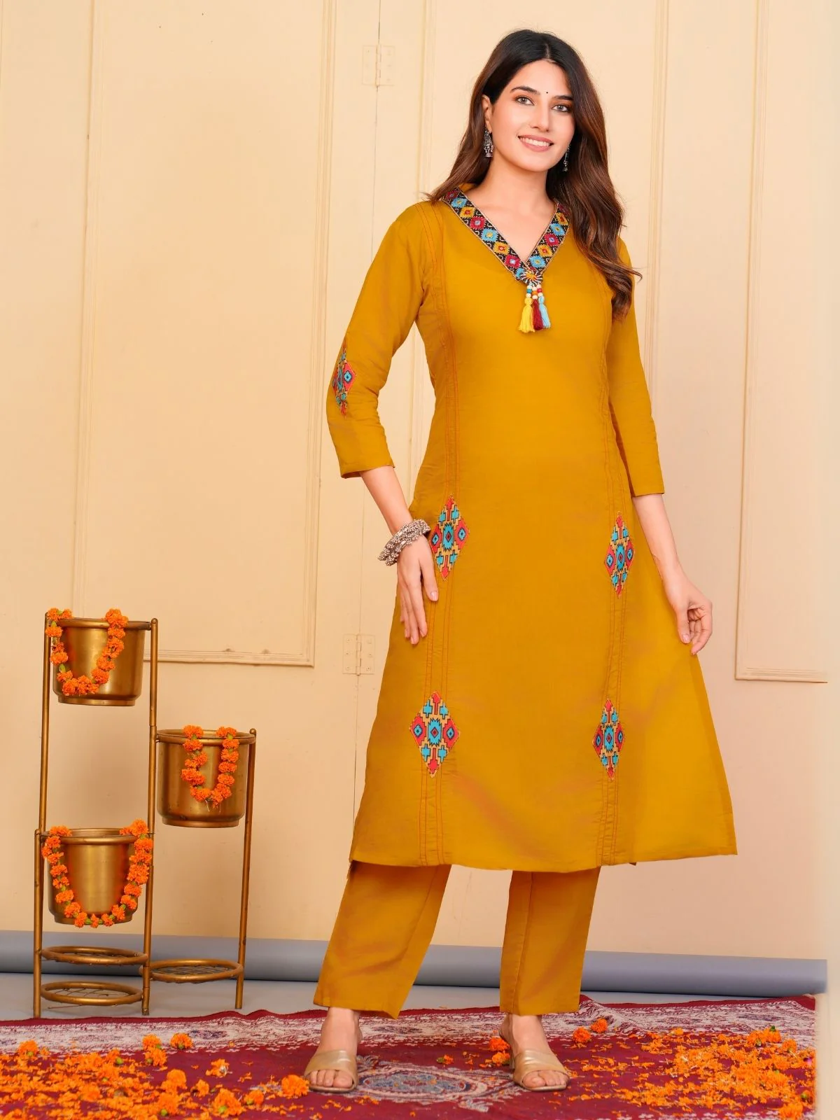 Odette Mustard Viscose Embroidered Stitched Kurta Set For Women - Image 3