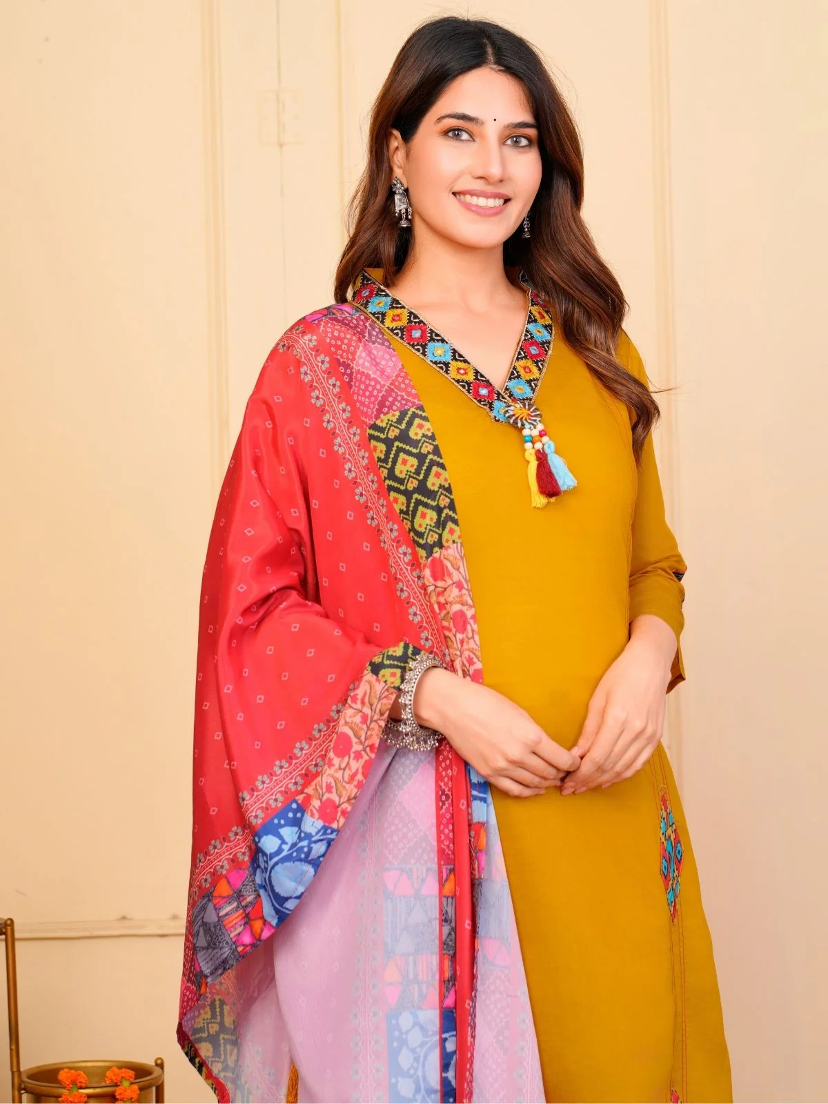 Odette Mustard Viscose Embroidered Stitched Kurta Set For Women - Image 5