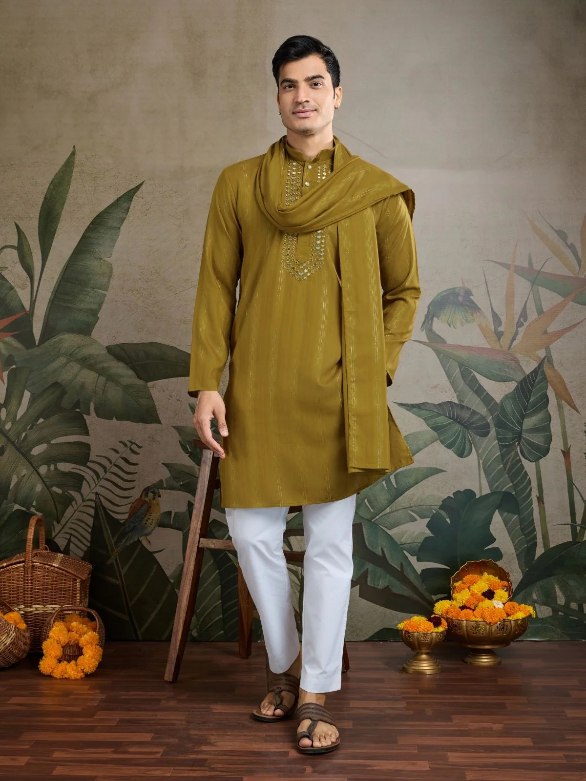 Odette Mustard Viscose Rayon Embellished Stitched Kurta For Men - Image 2