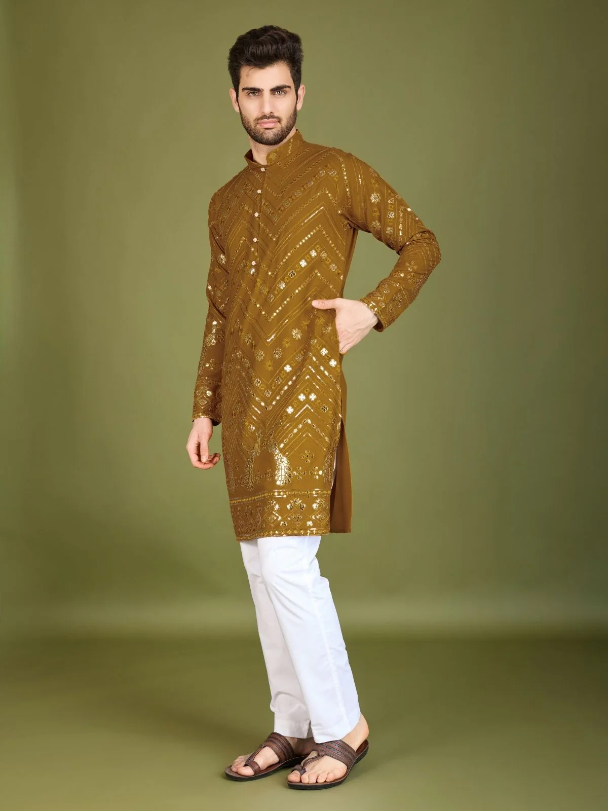Odette Mustard Viscose Rayon Embroidered Stitched Kurta For Men - Image 3