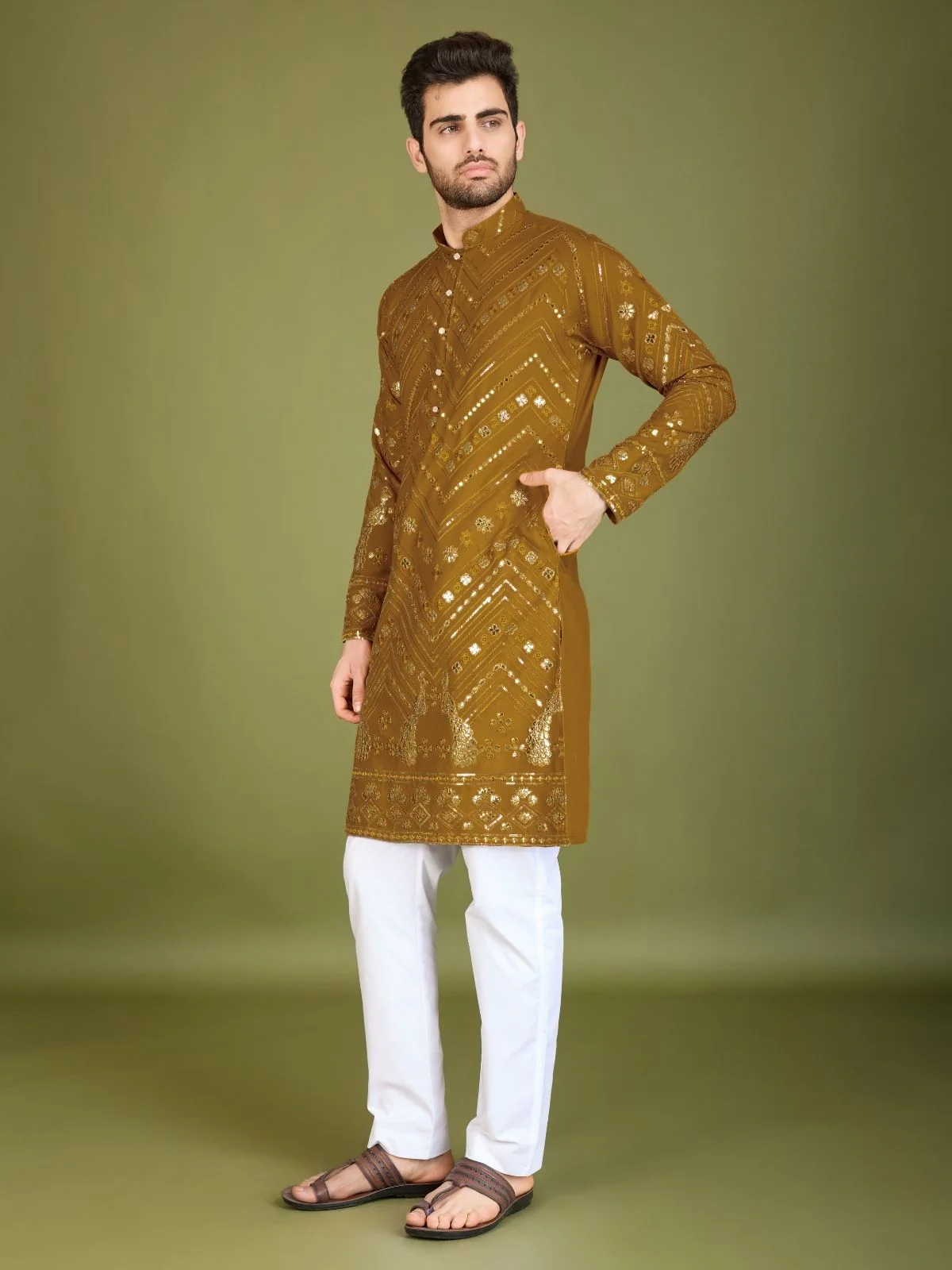 Odette Mustard Viscose Rayon Embroidered Stitched Kurta For Men - Image 4