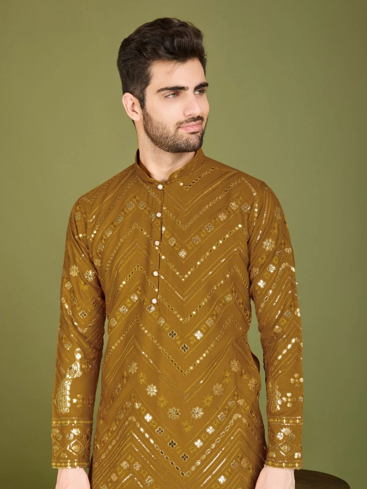 Odette Mustard Viscose Rayon Embroidered Stitched Kurta For Men - Image 6