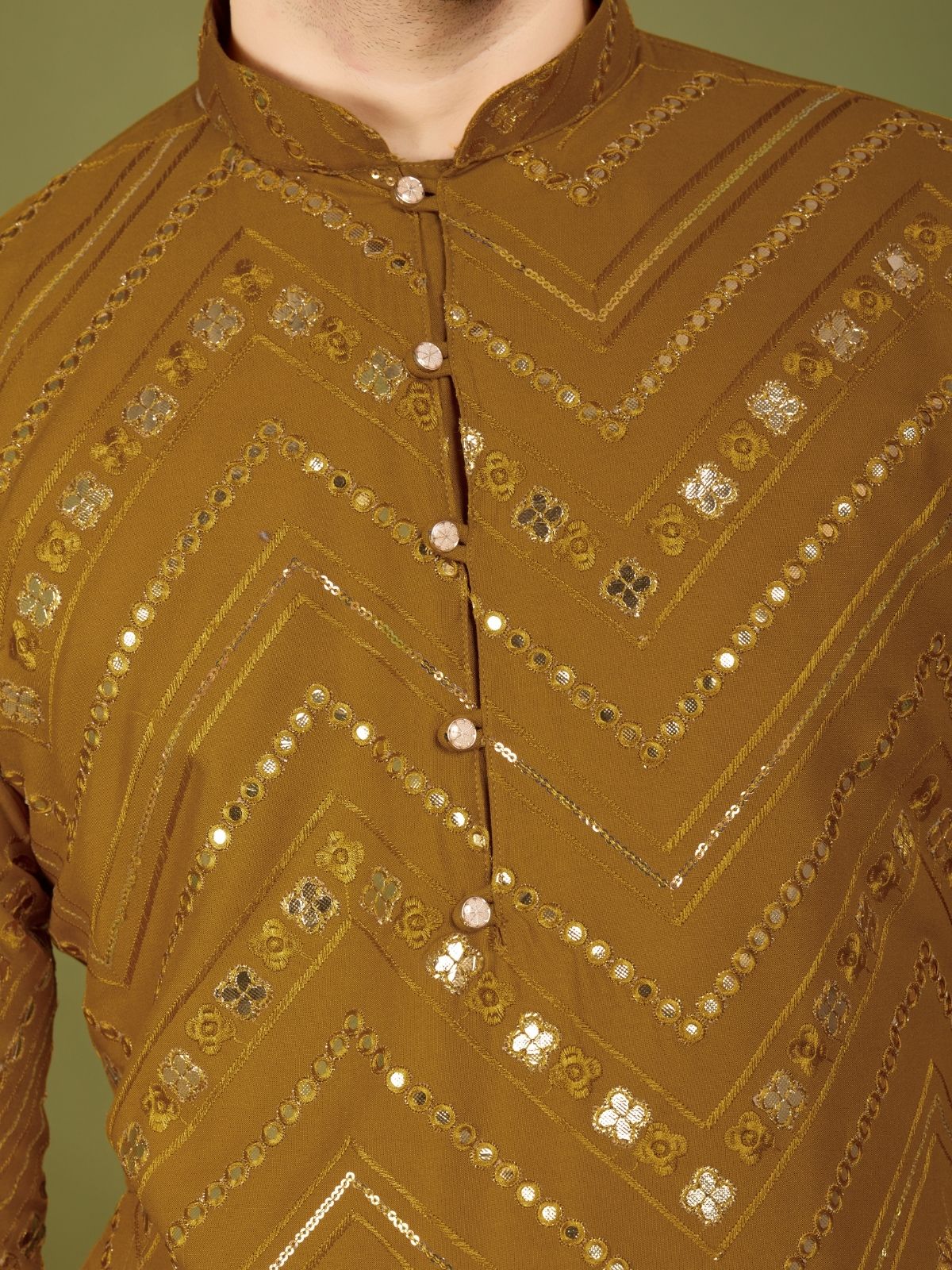 Odette Mustard Viscose Rayon Embroidered Stitched Kurta For Men - Image 7