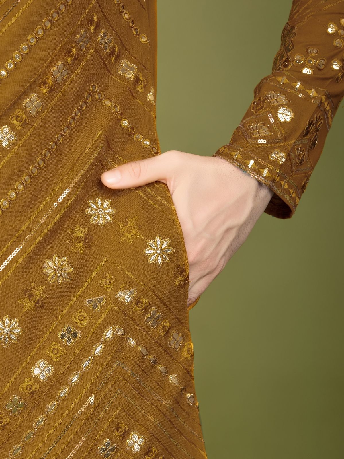 Odette Mustard Viscose Rayon Embroidered Stitched Kurta For Men - Image 8