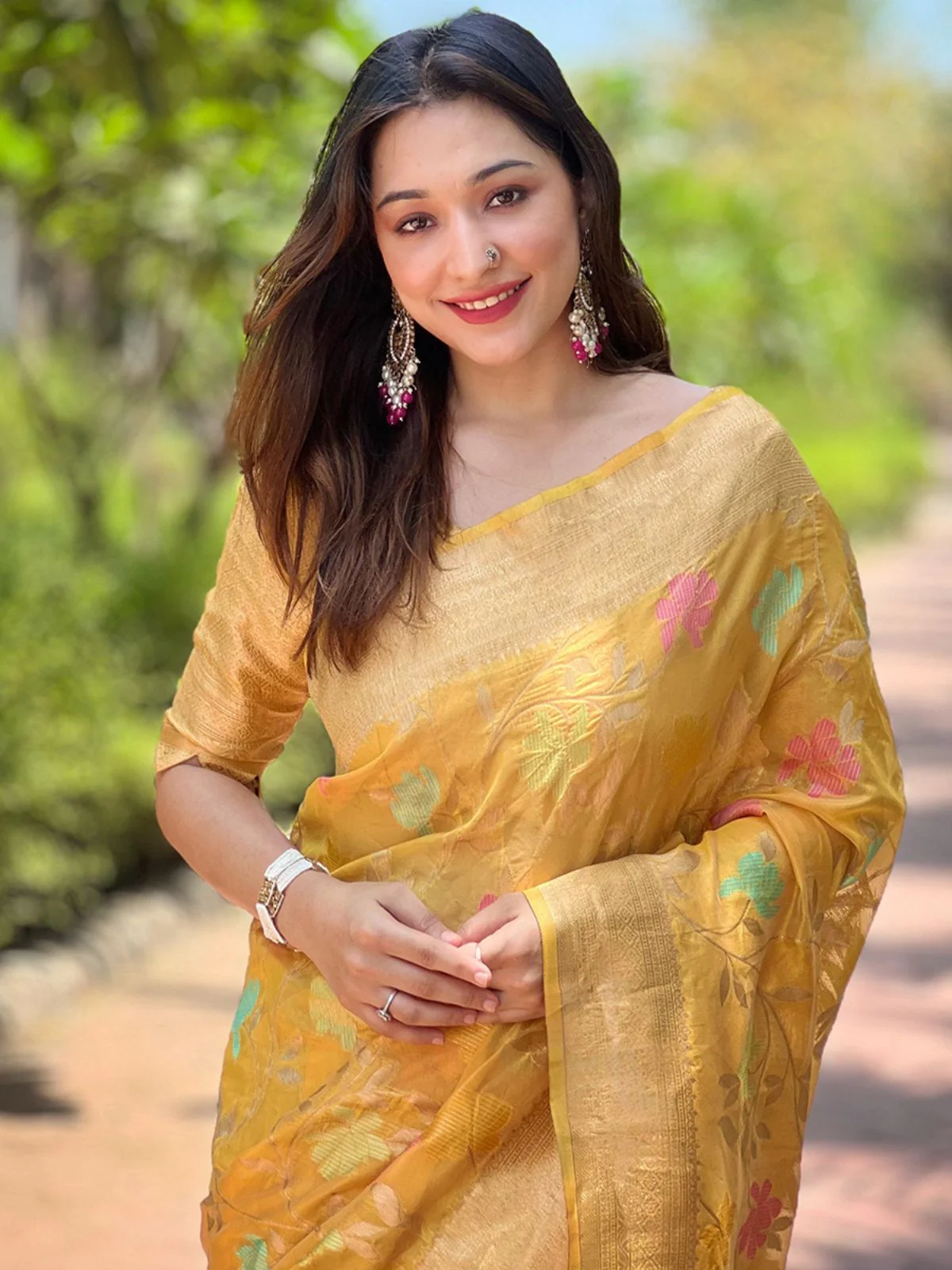 Odette Mustard  Woven Design Organza Saree With Unstitched Blouse For Women - Image 3