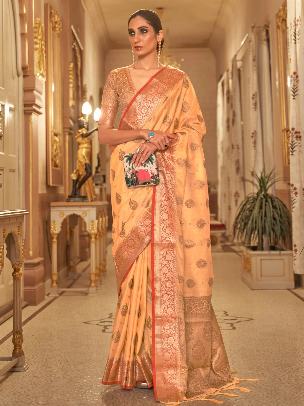 Odette Mustard Woven Design Silk Blend Saree With Unstitched Blouse For Women