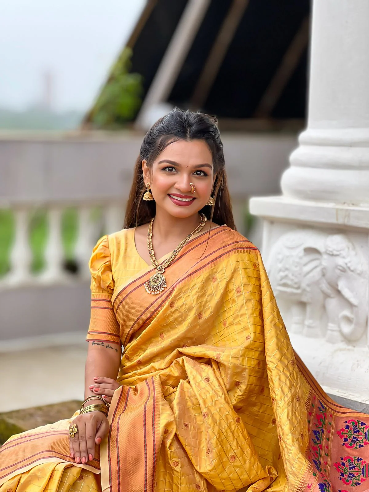 Odette Mustard Woven Design Silk Blend Saree With Unstitched Blouse For Women - Image 3
