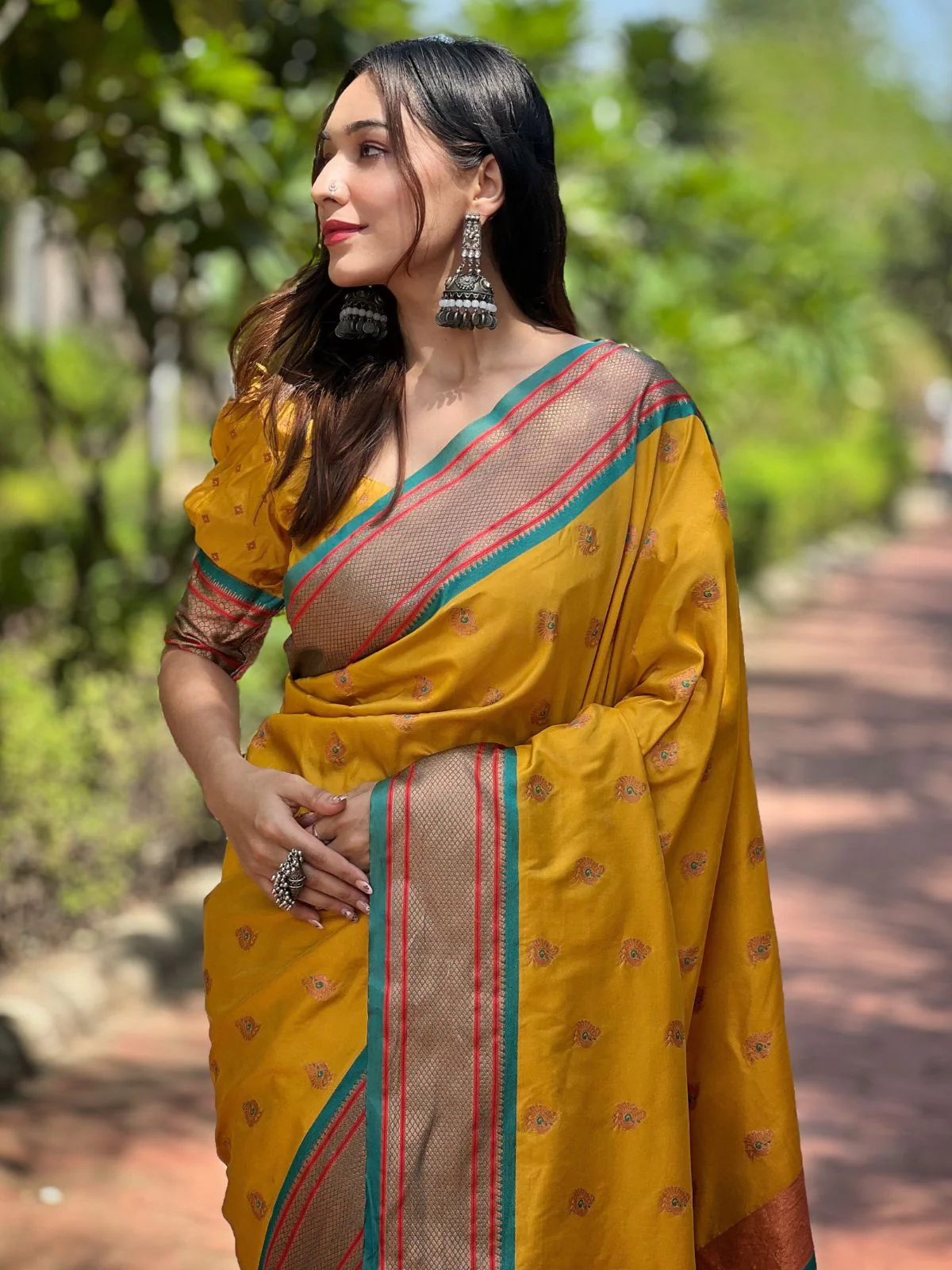 Odette Mustard Woven Design Silk Blend Saree With Unstitched Blouse For Women - Image 3