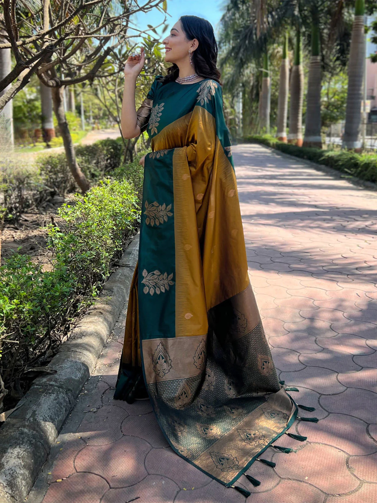 Odette Mustard Woven Design Soft Silk Saree With Unstitched Blouse For Women - Image 2