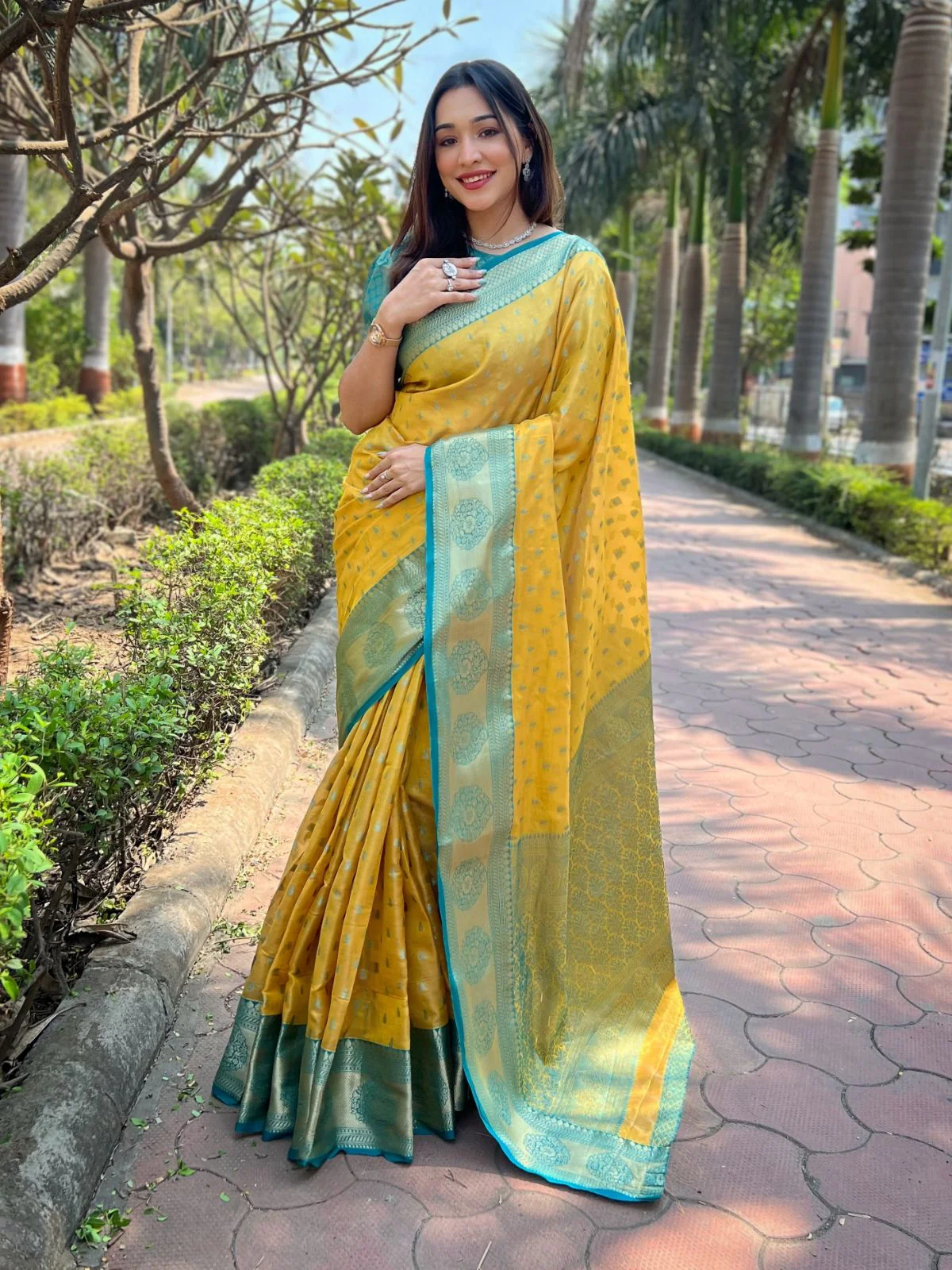 Odette Mustard Woven Design Tissue Silk Saree With Unstitched Blouse For Women