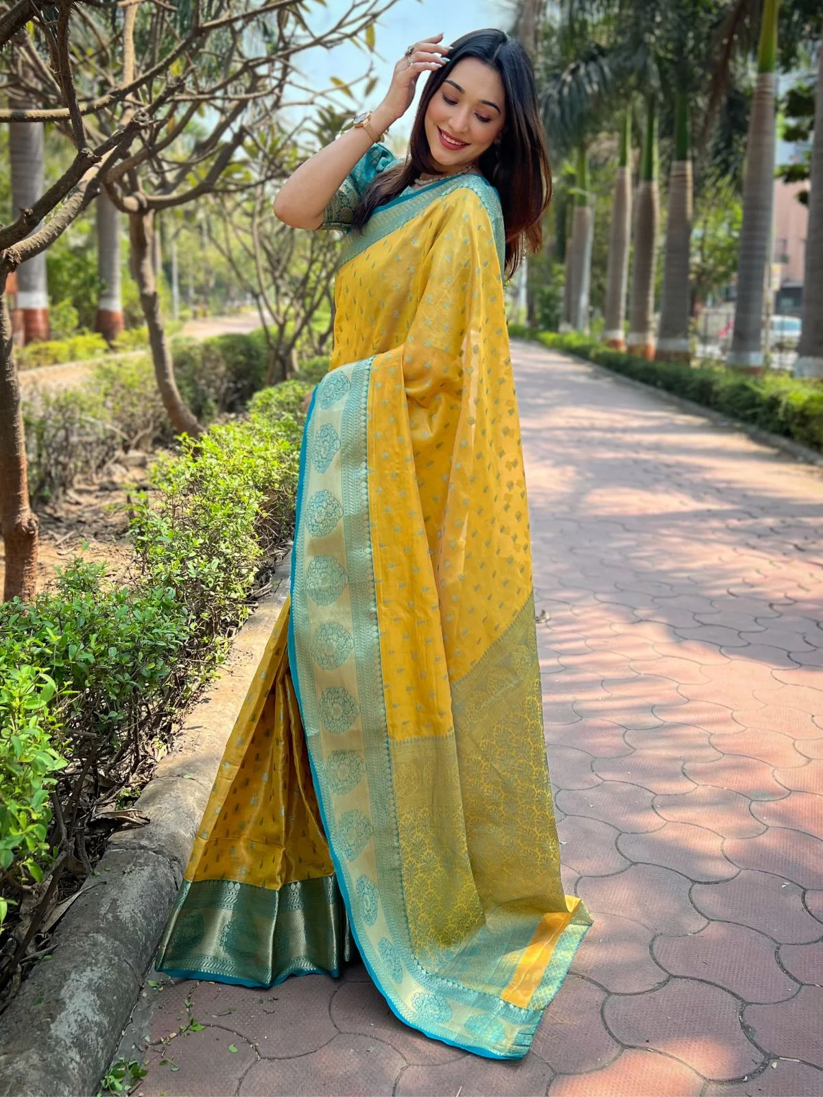 Odette Mustard Woven Design Tissue Silk Saree With Unstitched Blouse For Women - Image 2