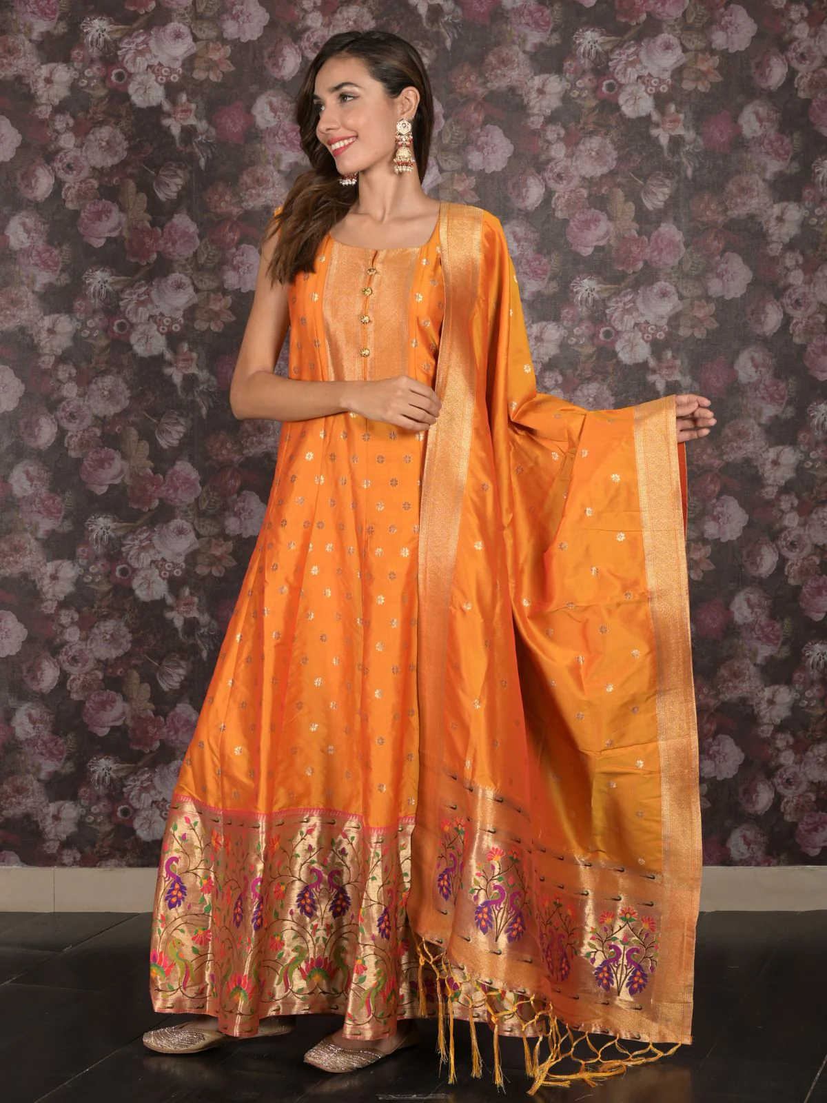 Odette Mustard Woven Long Stitched Kurta Set With Dupatta For Women - Image 2