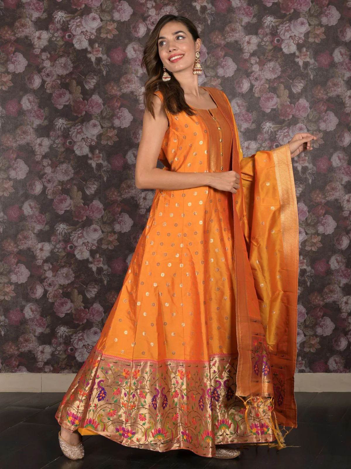 Odette Mustard Woven Long Stitched Kurta Set With Dupatta For Women - Image 3