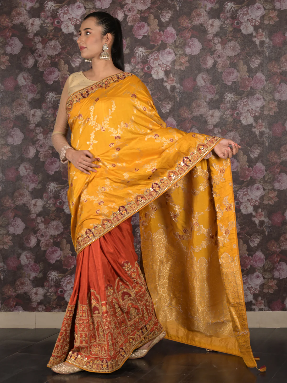 Odette Mustard Woven Silk Blend Saree With Unstitched Blouse For Women - Image 2