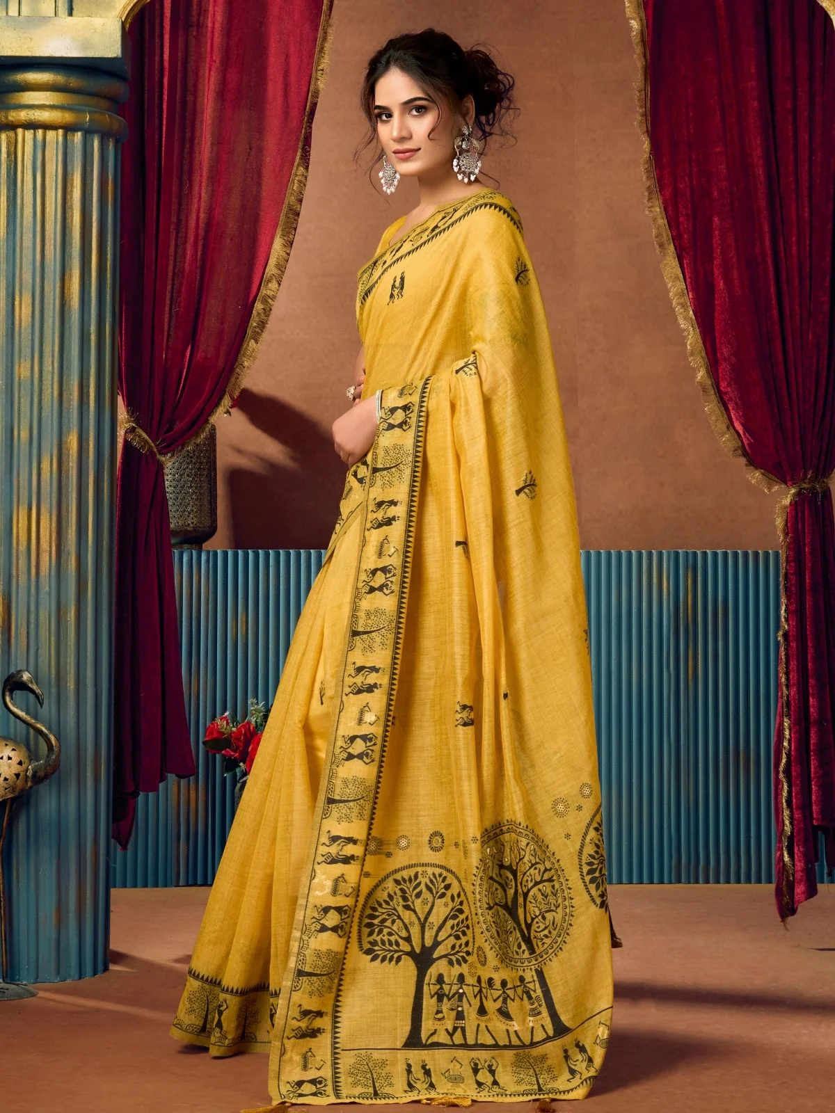 Odette Mustard Yellow Cotton Blend Printed Saree For Women - Image 2