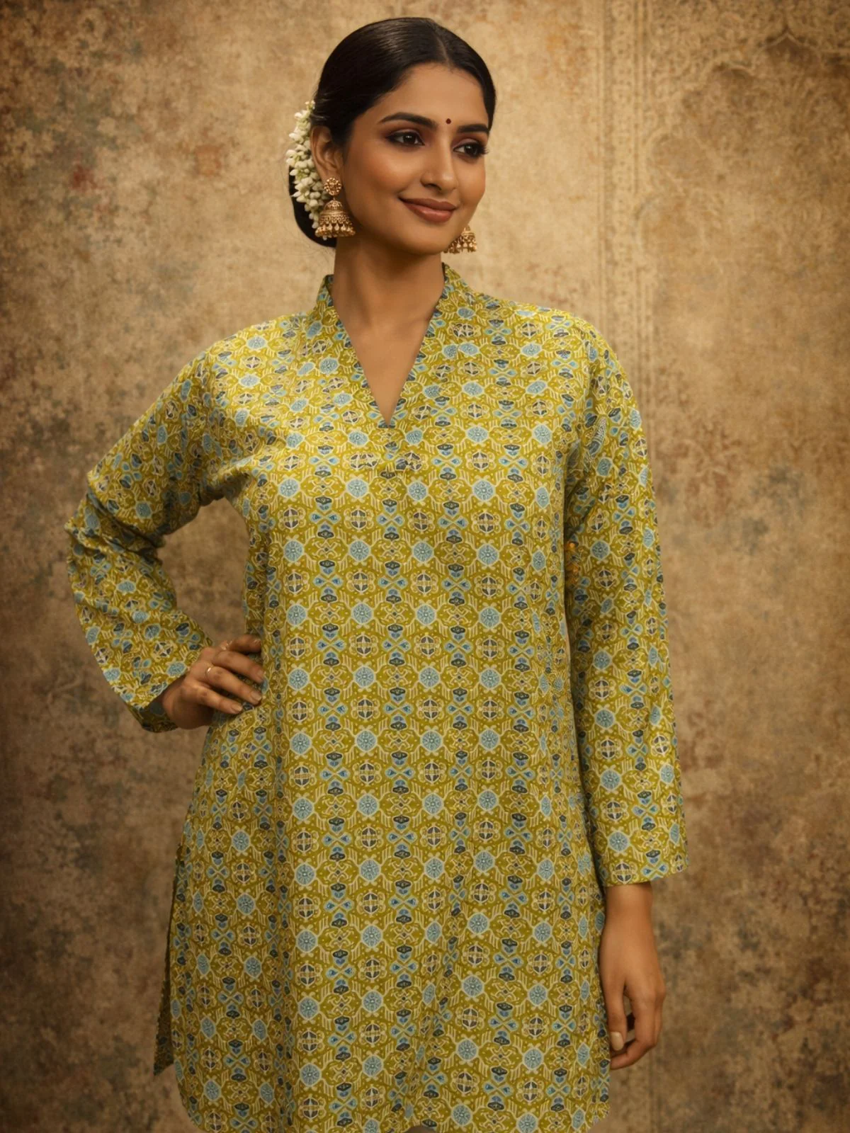 Odette Mustard Yellow Silk Blend Printed Solid Kurti For Women