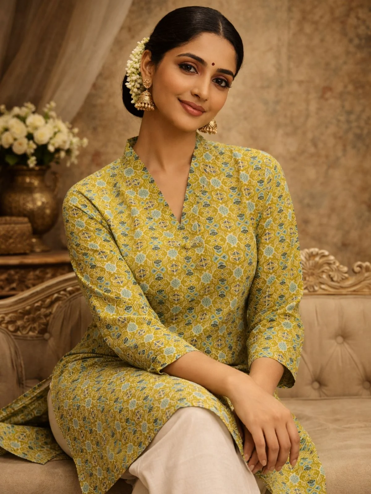 Odette Mustard Yellow Silk Blend Printed Solid Kurti For Women - Image 2