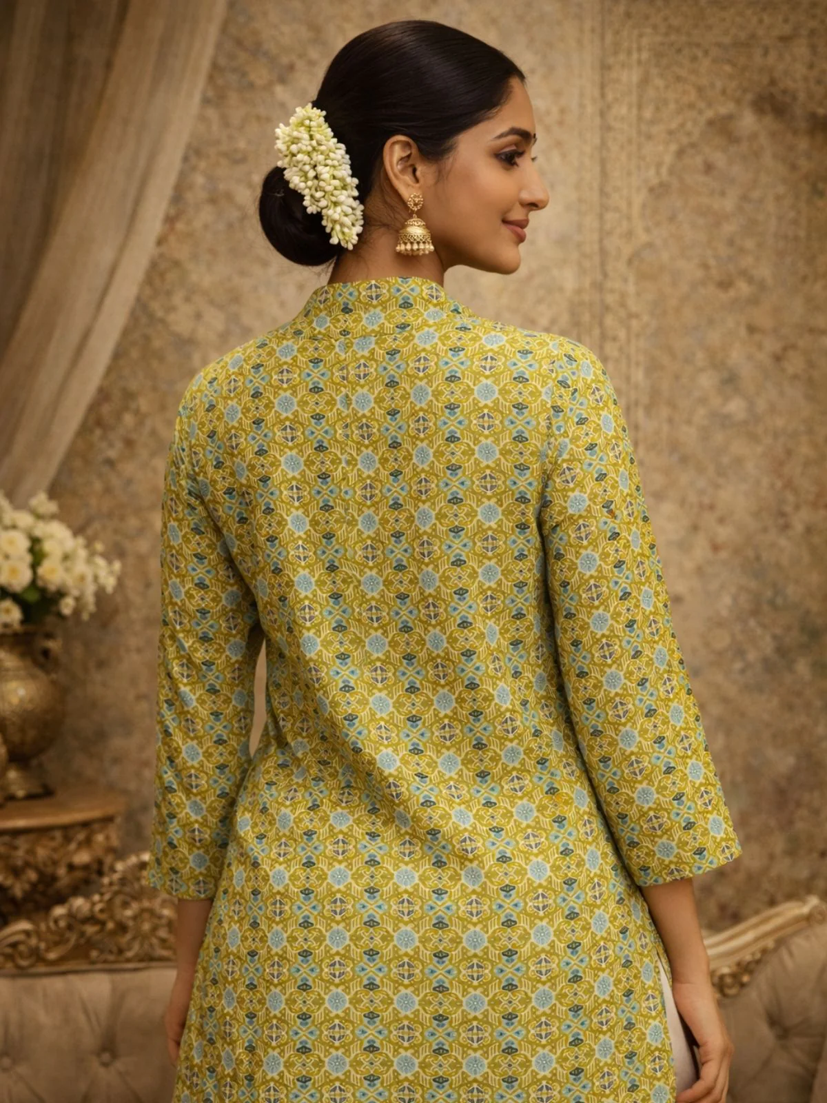 Odette Mustard Yellow Silk Blend Printed Solid Kurti For Women - Image 3