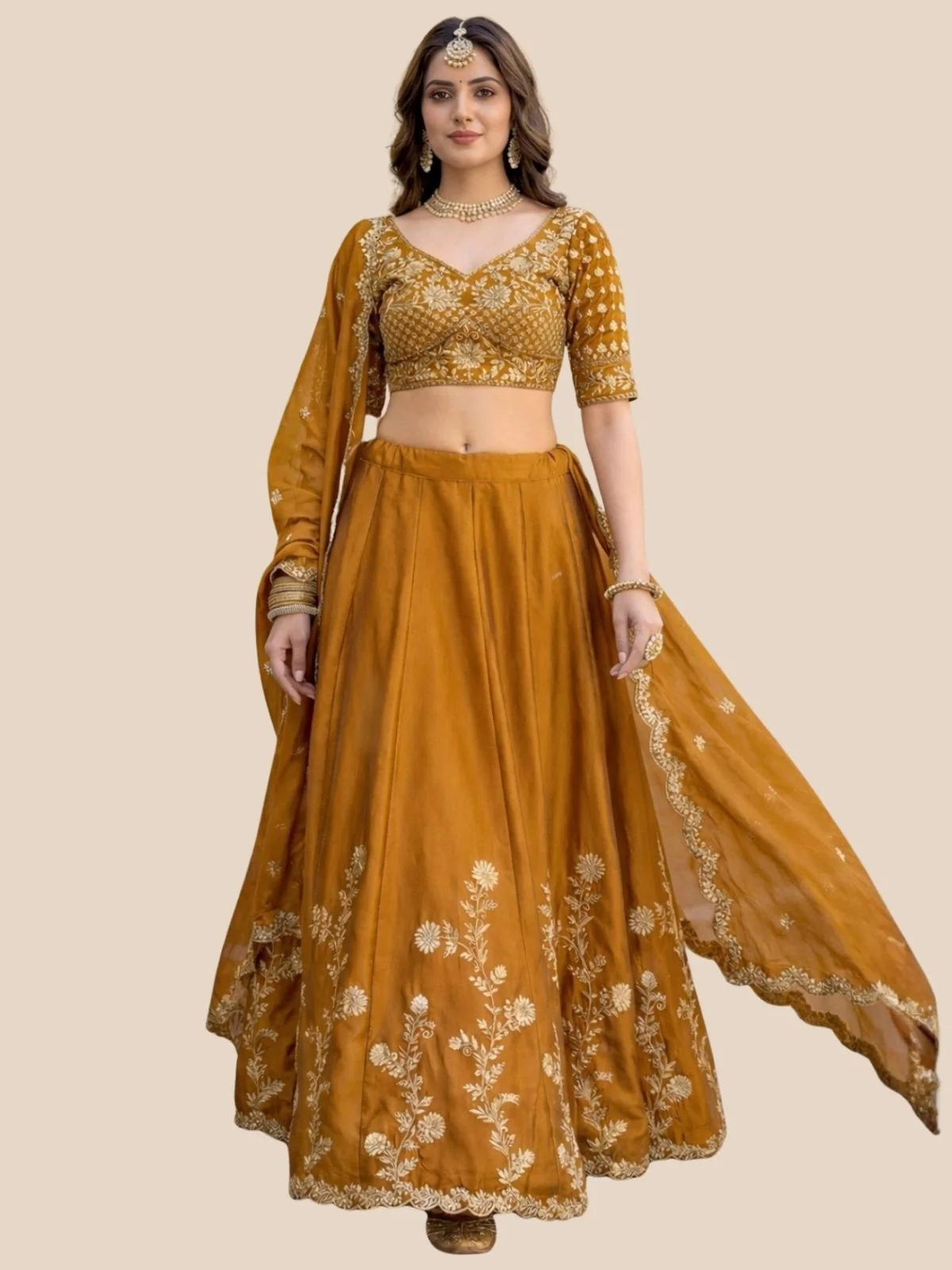 Odette Mustard Yellow Silk Embroidered Lehenga For Women - Image 2