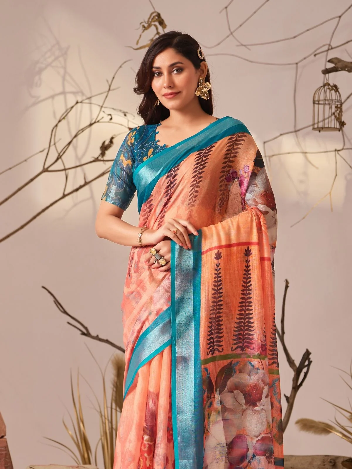 Odette Mutlicolor Linen Cotton Printed Saree For Women - Image 4