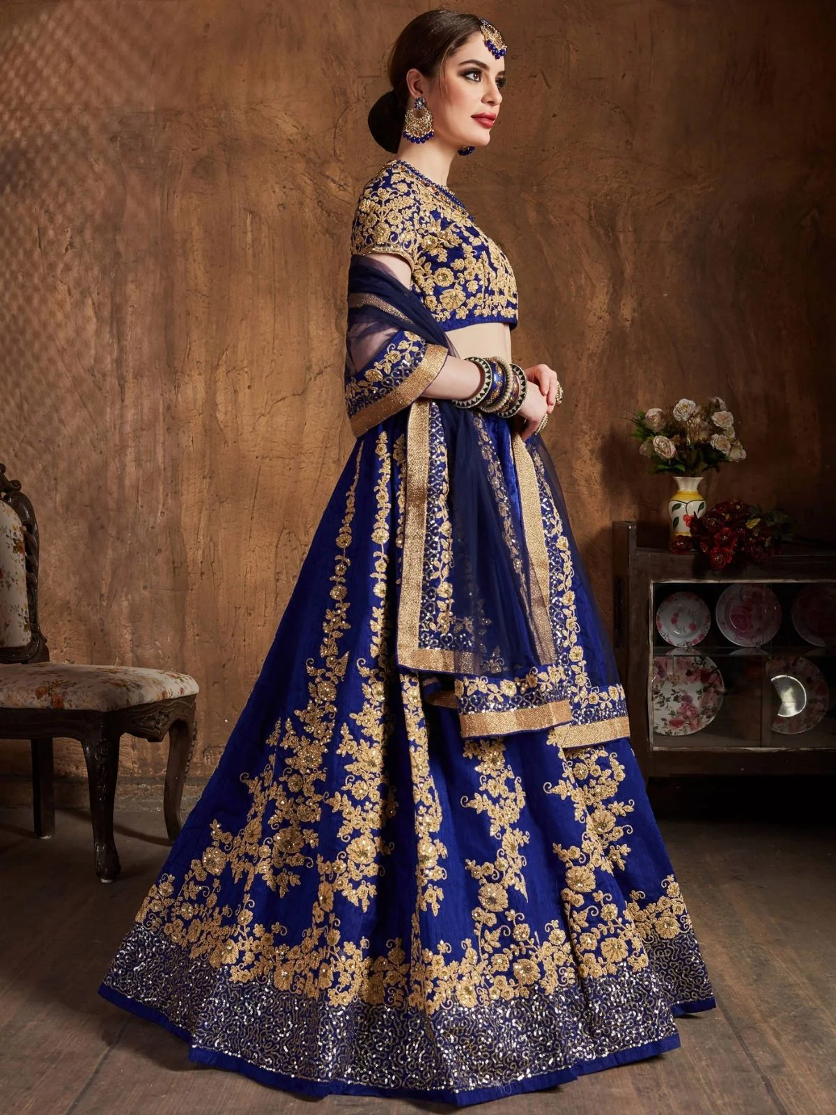 Odette Navy Blue And Gold Silk Blend Embroidered Semi Stitched Lehenga With Blouse For Women - Image 3
