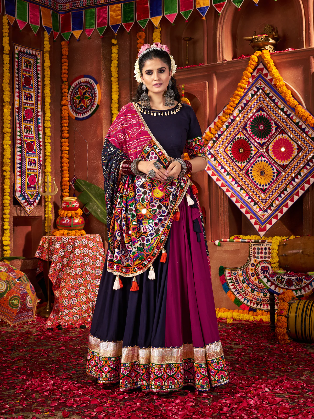 Odette Navy Blue And Magenta Cotton Blend Embroidered Semi-Stitched lehenga For Women