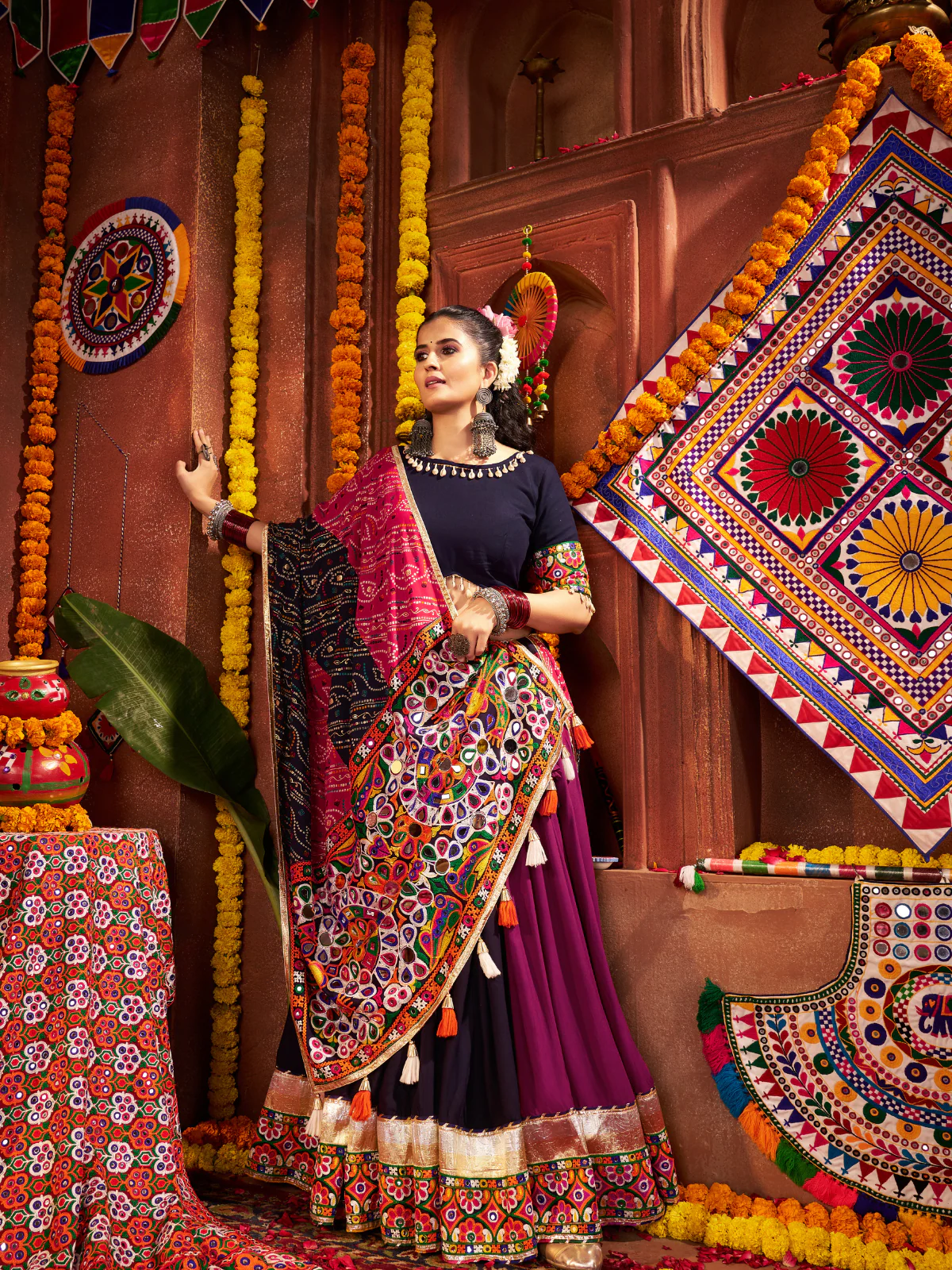Odette Navy Blue And Magenta Cotton Blend Embroidered Semi-Stitched lehenga For Women - Image 2