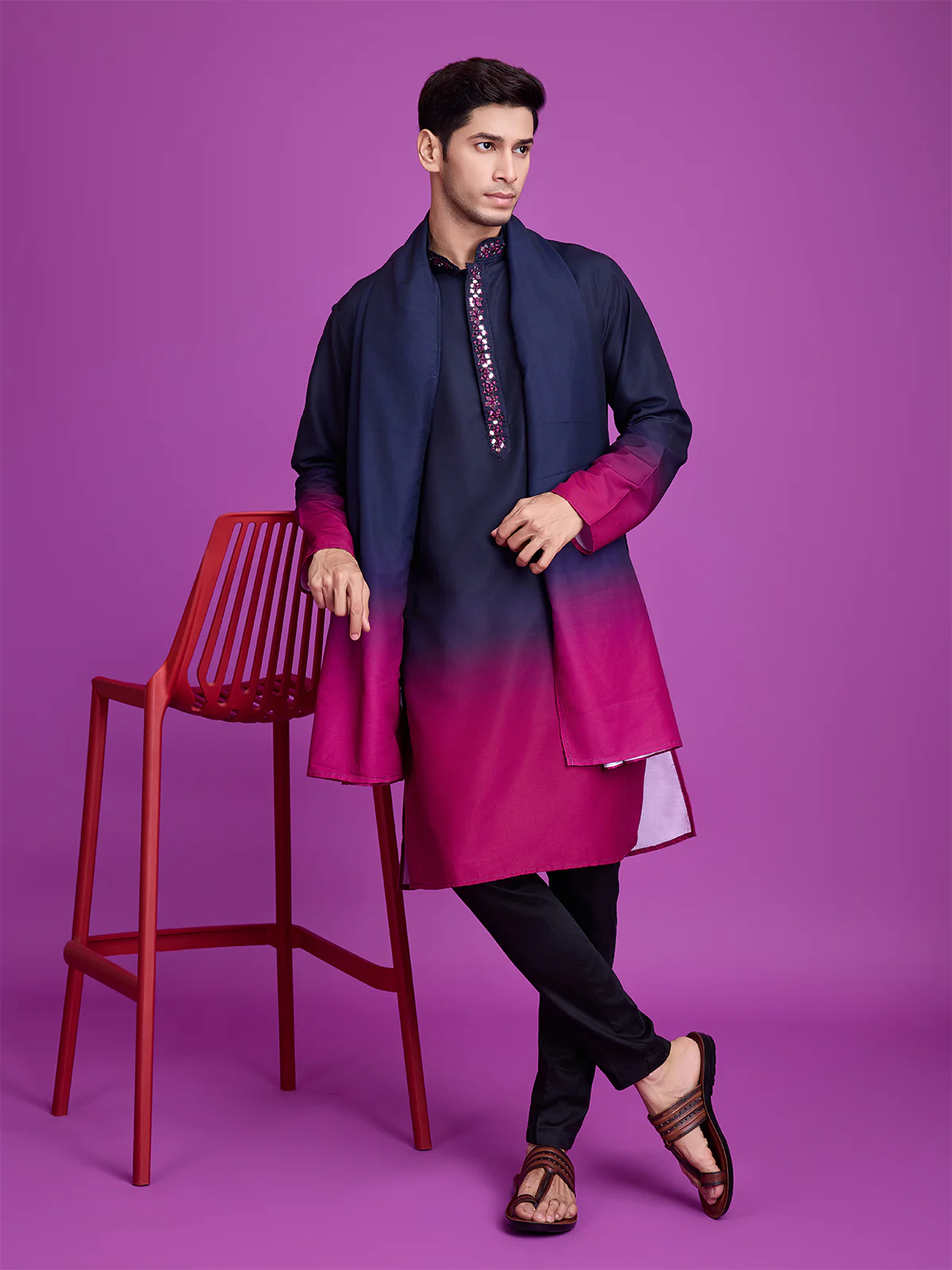 Odette Navy Blue And Pink Ombre Rayon Kurta With Dupatta For Men
