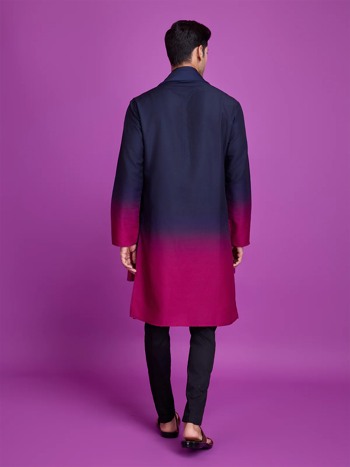 Odette Navy Blue And Pink Ombre Rayon Kurta With Dupatta For Men - Image 5