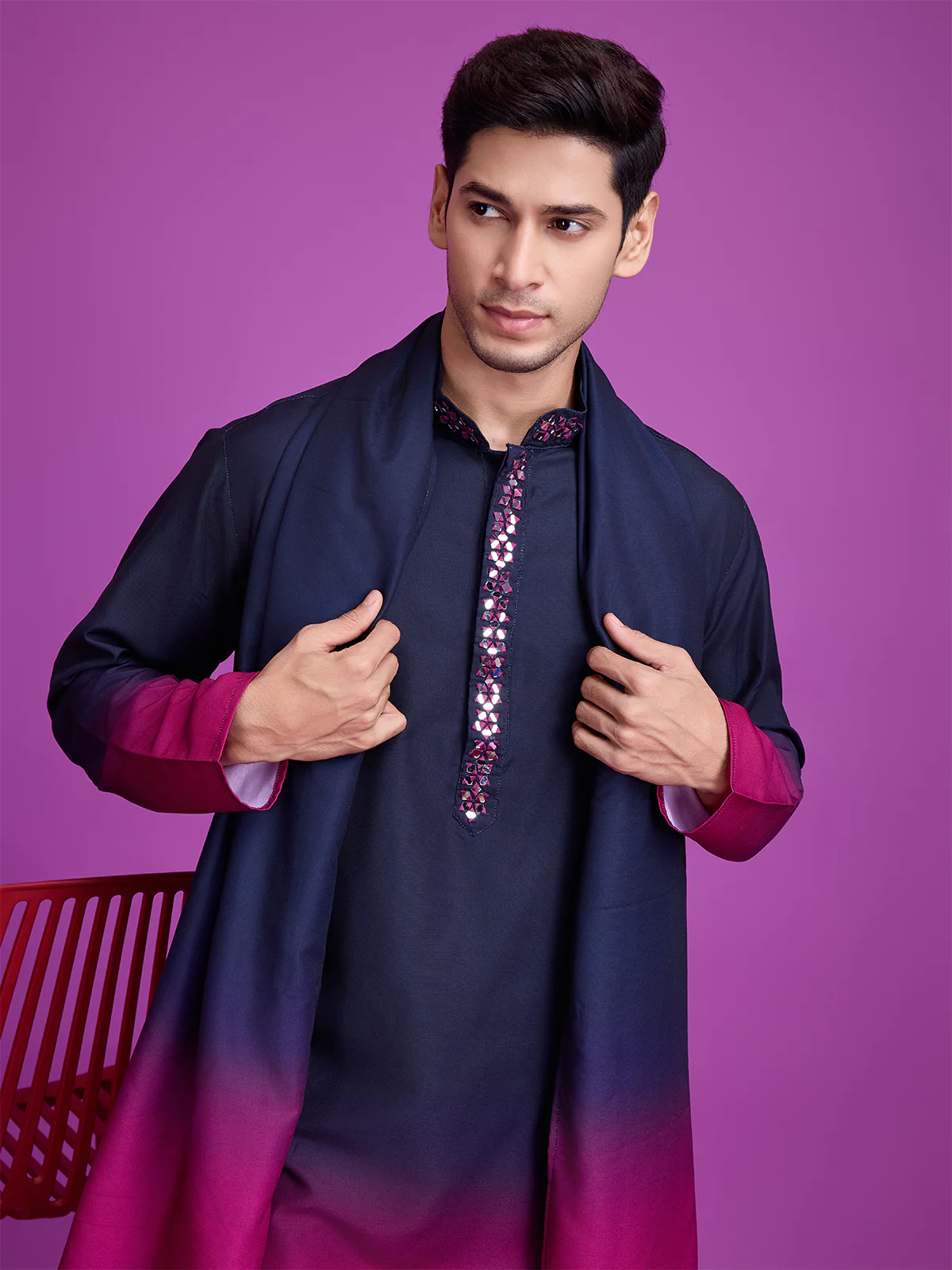 Odette Navy Blue And Pink Ombre Rayon Kurta With Dupatta For Men - Image 6