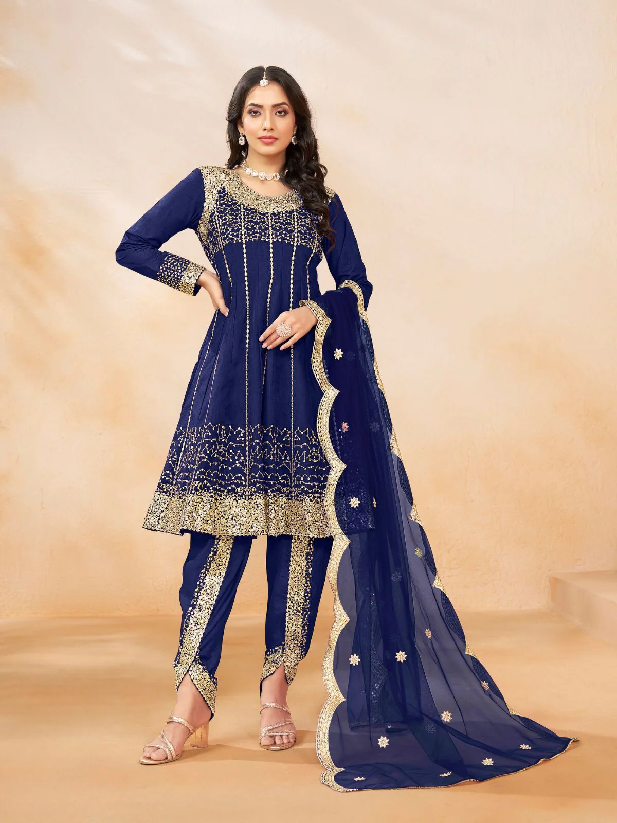 Odette Navy Blue Art Silk Embellished Semi Stitched Kurta Set For Women